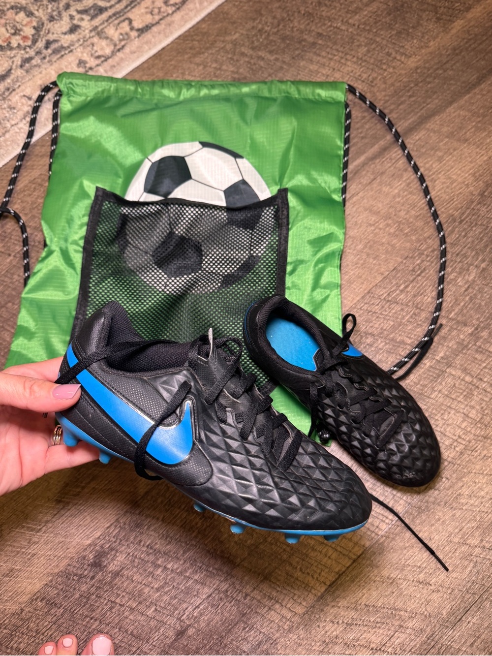 Nike Kids Black and Blue Soccer Cleats and Bag